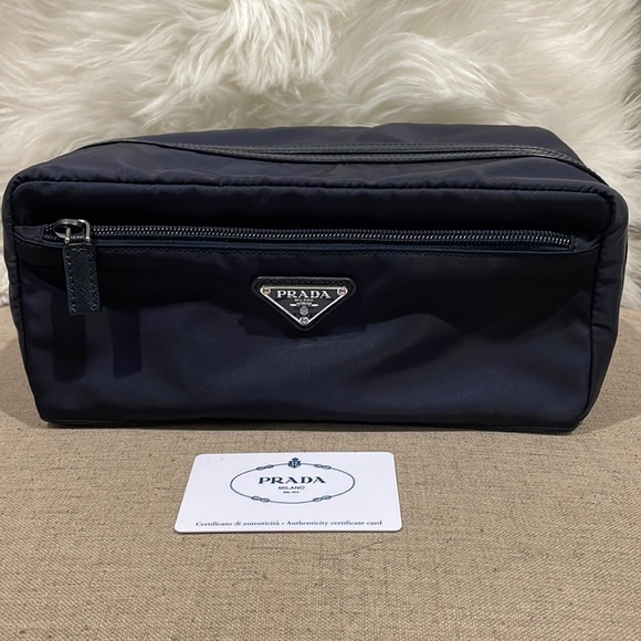 Prada Toiletry Bag Black Nylon & Saffiano Leather Top Handle Travel Po –  Celebrity Owned